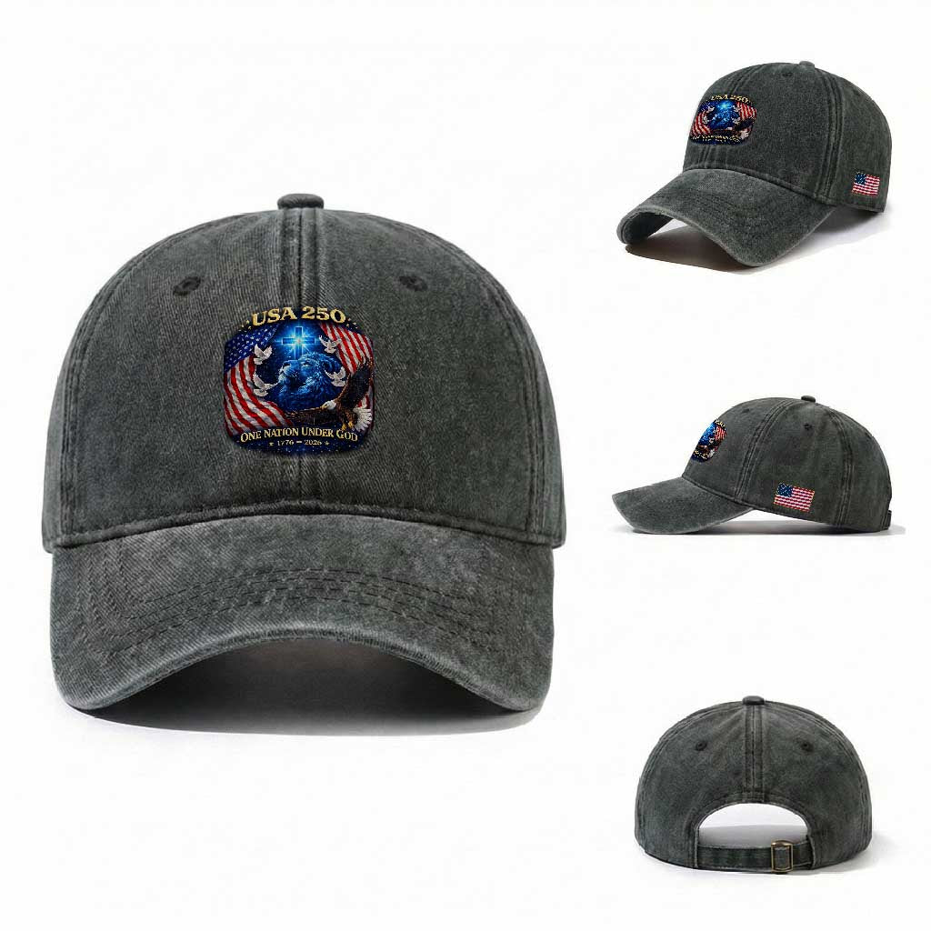 US 250th Anniversary Washed Cotton Baseball Cap 250 Years One Nation Under God Christian Patriotic Cross USA Flag TS10 Washed Cap Universal Fit Dark Green Print Your Wear