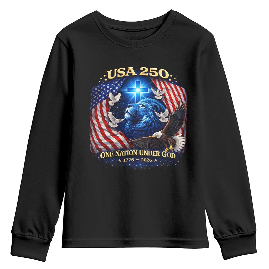 US 250th Anniversary Youth Sweatshirt 250 Years One Nation Under God Christian Patriotic Cross USA Flag TS10 Black Print Your Wear