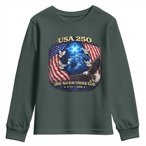 US 250th Anniversary Youth Sweatshirt 250 Years One Nation Under God Christian Patriotic Cross USA Flag TS10 Dark Forest Green Print Your Wear