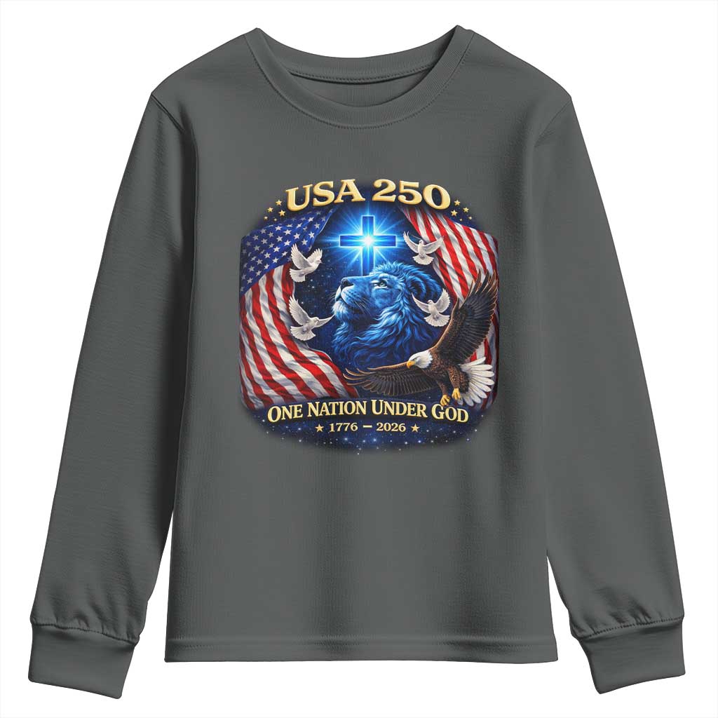US 250th Anniversary Youth Sweatshirt 250 Years One Nation Under God Christian Patriotic Cross USA Flag TS10 Dark Heather Print Your Wear