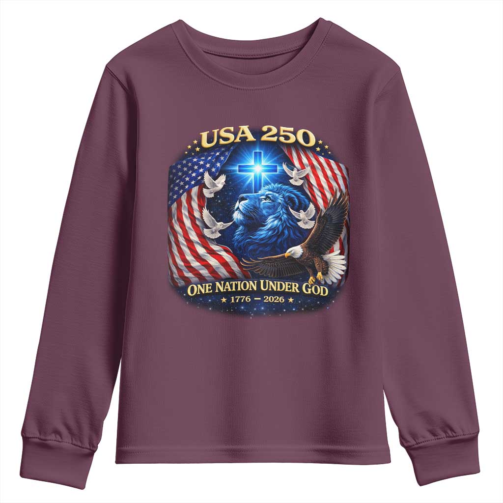 US 250th Anniversary Youth Sweatshirt 250 Years One Nation Under God Christian Patriotic Cross USA Flag TS10 Maroon Print Your Wear