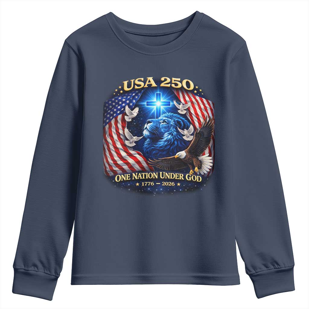 US 250th Anniversary Youth Sweatshirt 250 Years One Nation Under God Christian Patriotic Cross USA Flag TS10 Navy Print Your Wear