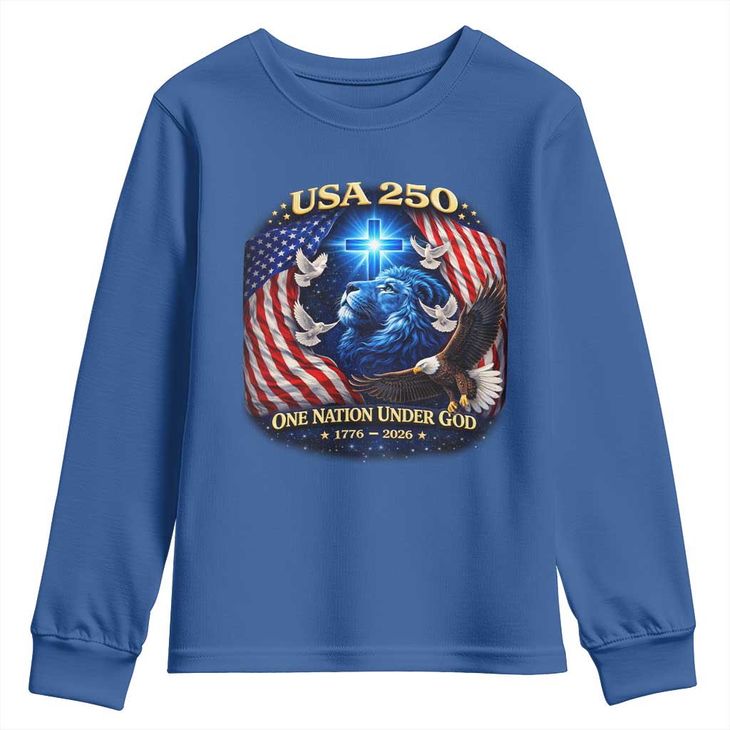 US 250th Anniversary Youth Sweatshirt 250 Years One Nation Under God Christian Patriotic Cross USA Flag TS10 Royal Blue Print Your Wear