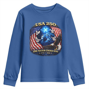 US 250th Anniversary Youth Sweatshirt 250 Years One Nation Under God Christian Patriotic Cross USA Flag TS10 Royal Blue Print Your Wear