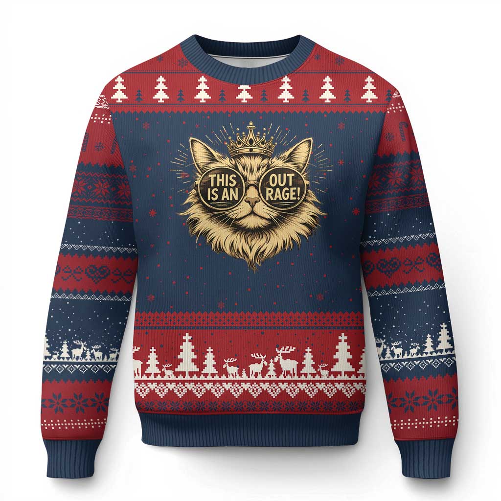 Funny Princess Cat Ugly Christmas Sweater This Is An Outrage Donut Gold Cat Lover Gifts TS10 Navy Red Print Your Wear