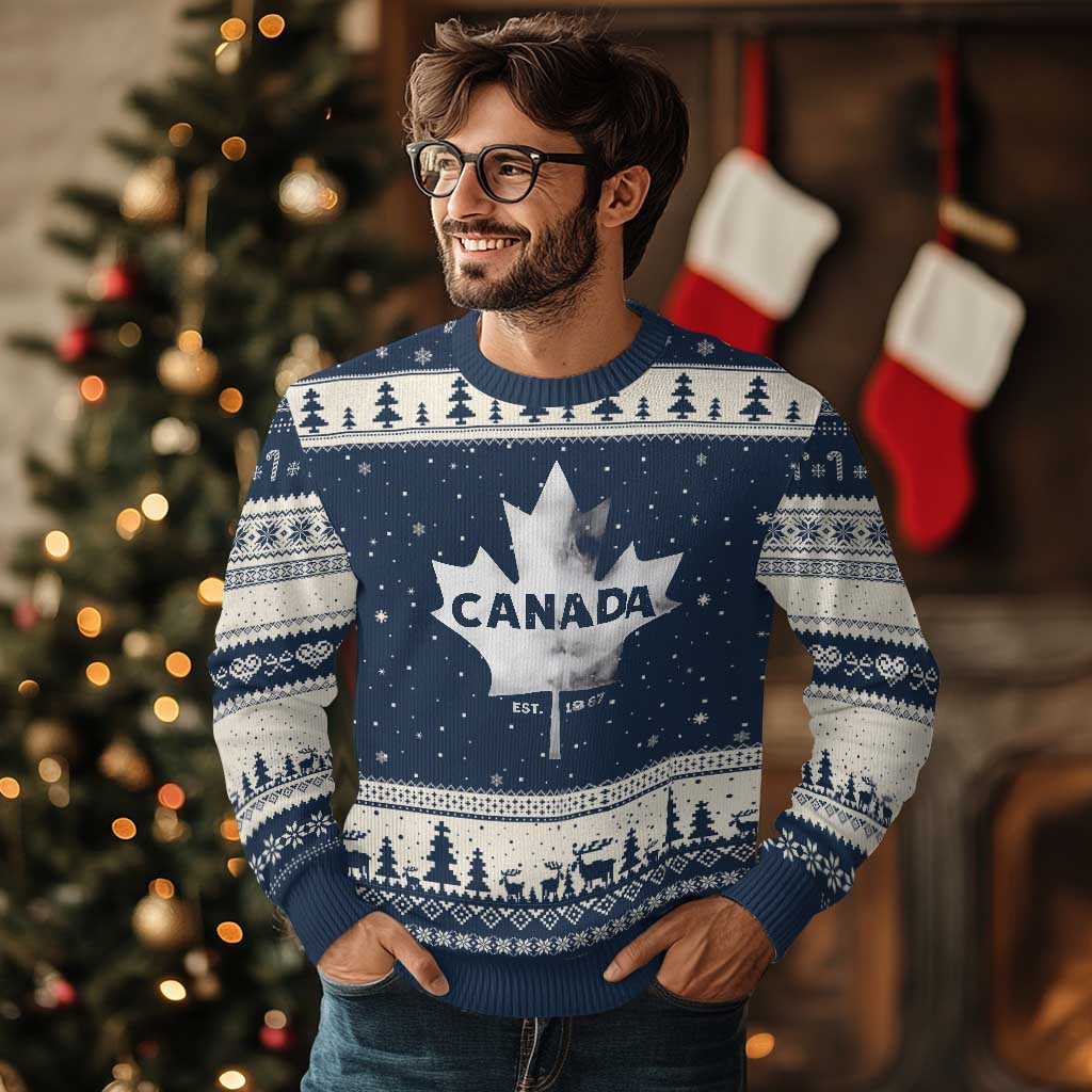 Canada Flag Ugly Christmas Sweater Canadian Maple Leaf Vintage Retro Sport TS10 Navy Beige Print Your Wear