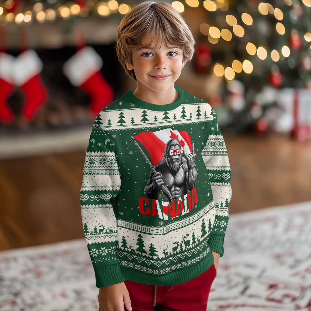 Bigfoot Canada Flag Ugly Christmas Sweater Canadian Maple Leaf Patriotic Sasquatch TS10 Forest Green Beige Print Your Wear