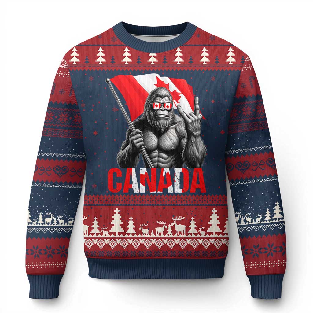 Bigfoot Canada Flag Ugly Christmas Sweater Canadian Maple Leaf Patriotic Sasquatch TS10 Navy Red Print Your Wear