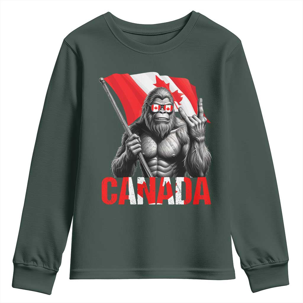 Bigfoot Canada Flag Youth Sweatshirt Canadian Maple Leaf Patriotic Sasquatch TS10 Dark Forest Green Print Your Wear
