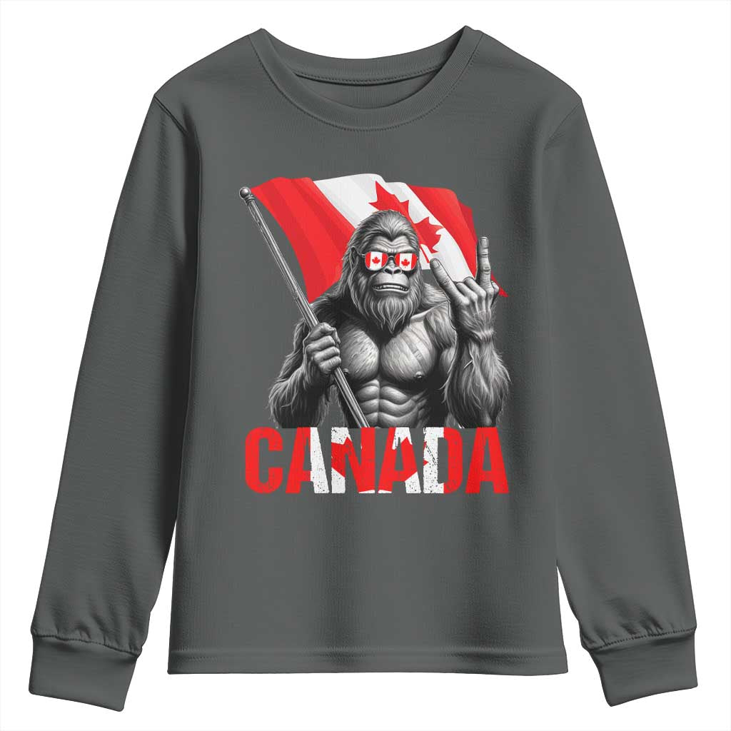 Bigfoot Canada Flag Youth Sweatshirt Canadian Maple Leaf Patriotic Sasquatch TS10 Dark Heather Print Your Wear