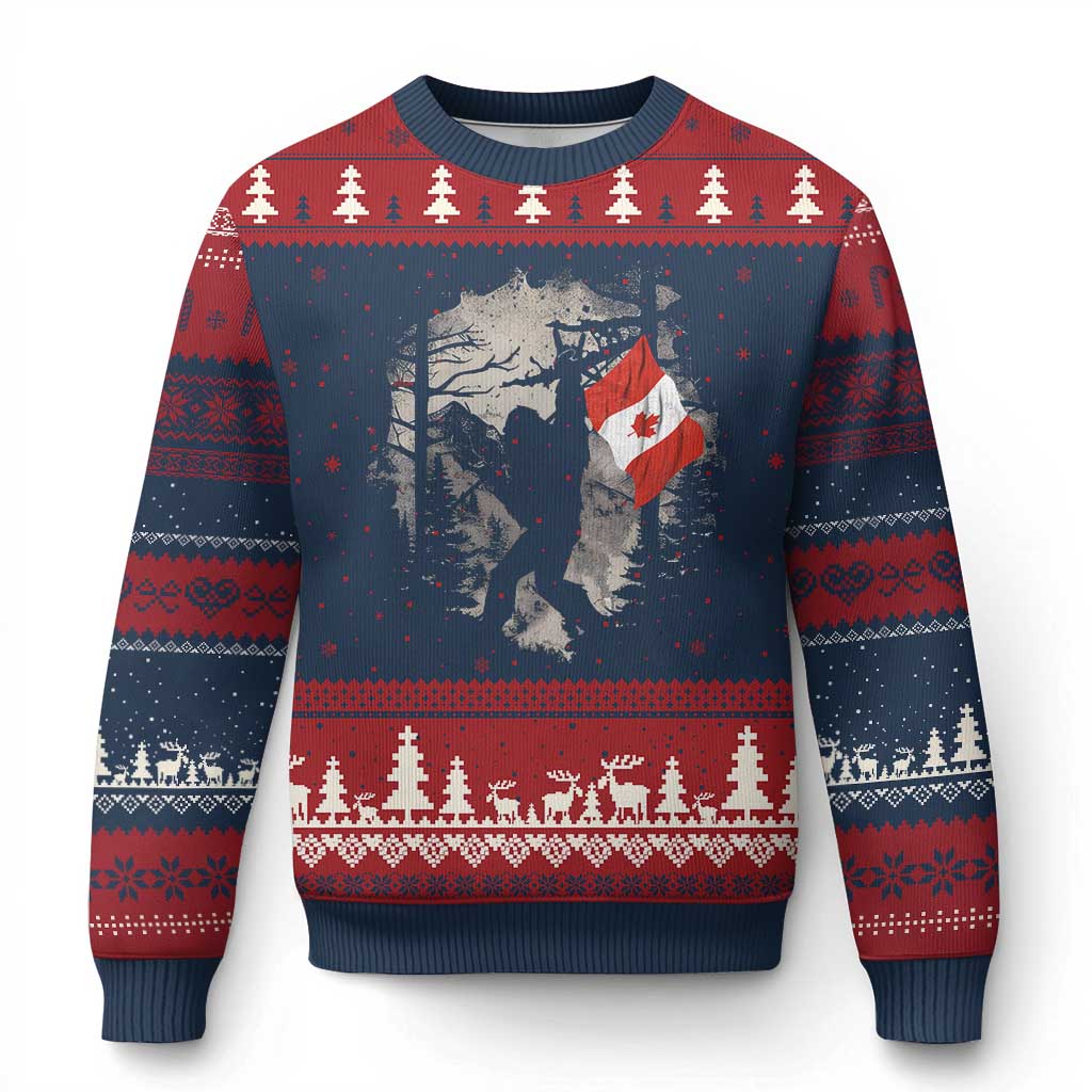 Bigfoot Canada Flag Ugly Christmas Sweater Retro Sasquatch Forest Rock On TS10 Navy Red Print Your Wear