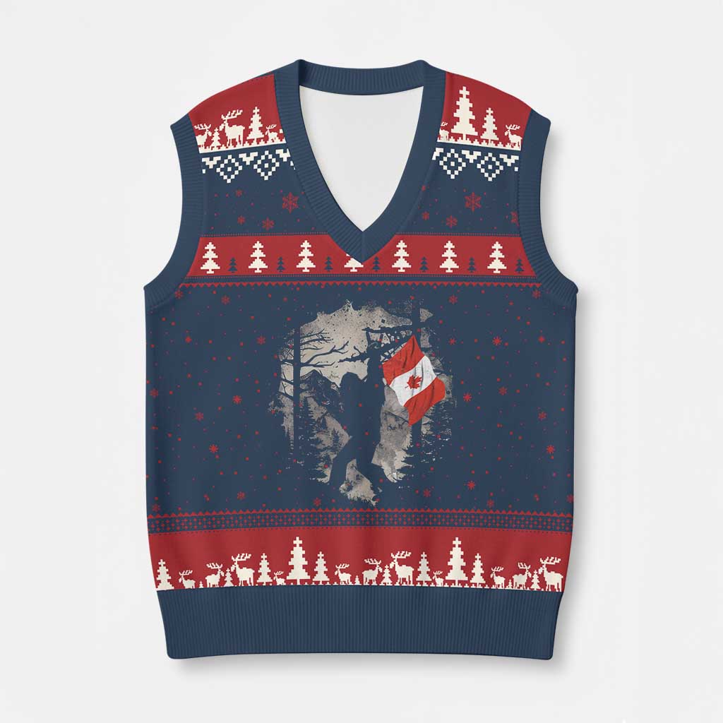 Bigfoot Canada Flag V-Neck Knit Sweater Vest Retro Sasquatch Forest Rock On TS10 Navy Red Print Your Wear