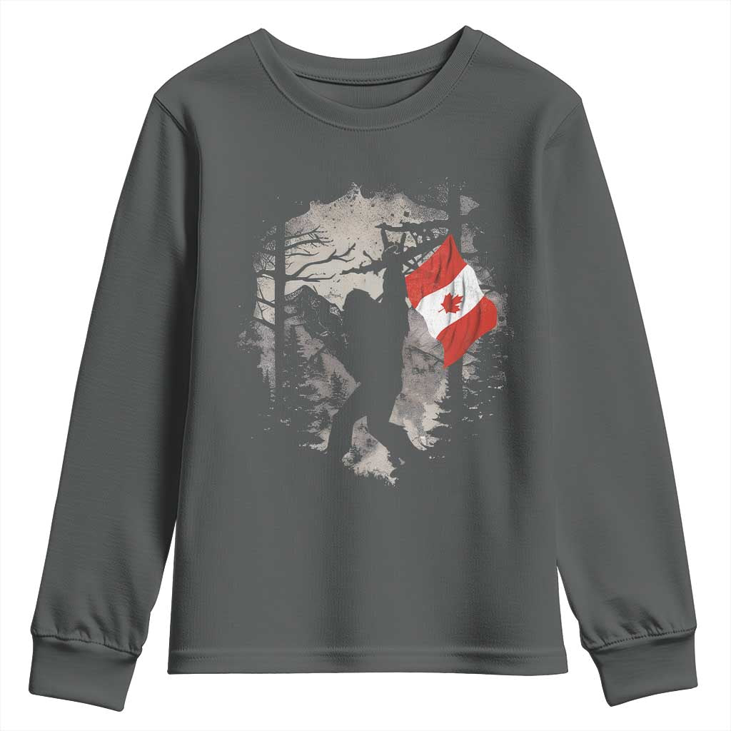 Bigfoot Canada Flag Youth Sweatshirt Retro Sasquatch Forest Rock On TS10 Dark Heather Print Your Wear