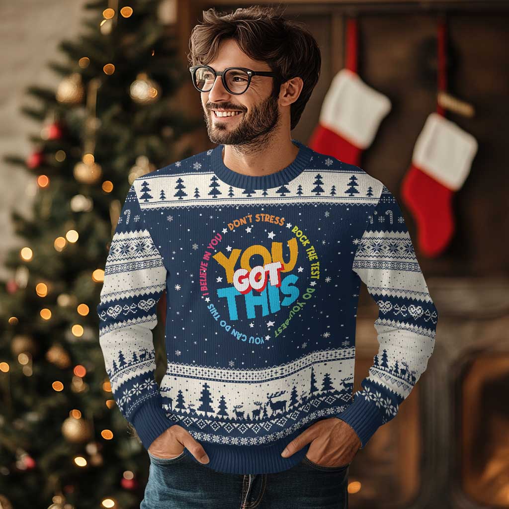 Test Day Teacher Ugly Christmas Sweater Rock The Test Dont Stress Just Do Your Best TS10 Navy Beige Print Your Wear