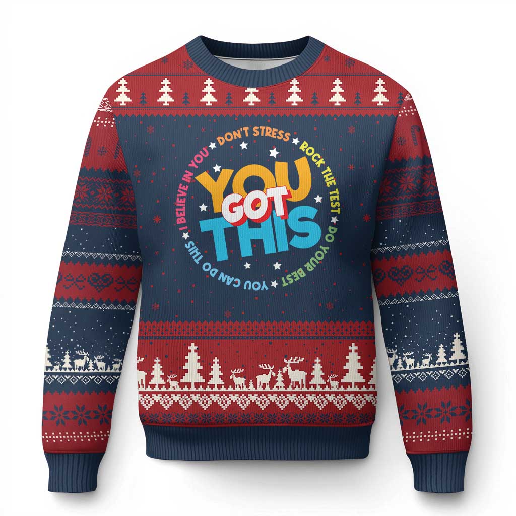 Test Day Teacher Ugly Christmas Sweater Rock The Test Dont Stress Just Do Your Best TS10 Navy Red Print Your Wear