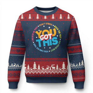Test Day Teacher Ugly Christmas Sweater Rock The Test Dont Stress Just Do Your Best TS10 Navy Red Print Your Wear