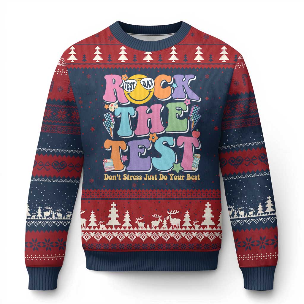 Teacher Test Day Ugly Christmas Sweater Rock The Test Dont Stress Just Do Your Best Cute Groovy TS10 Navy Red Print Your Wear