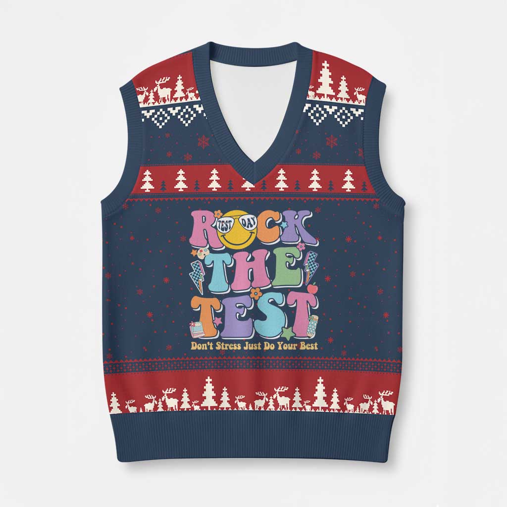 Teacher Test Day V-Neck Knit Sweater Vest Rock The Test Dont Stress Just Do Your Best Cute Groovy TS10 Navy Red Print Your Wear