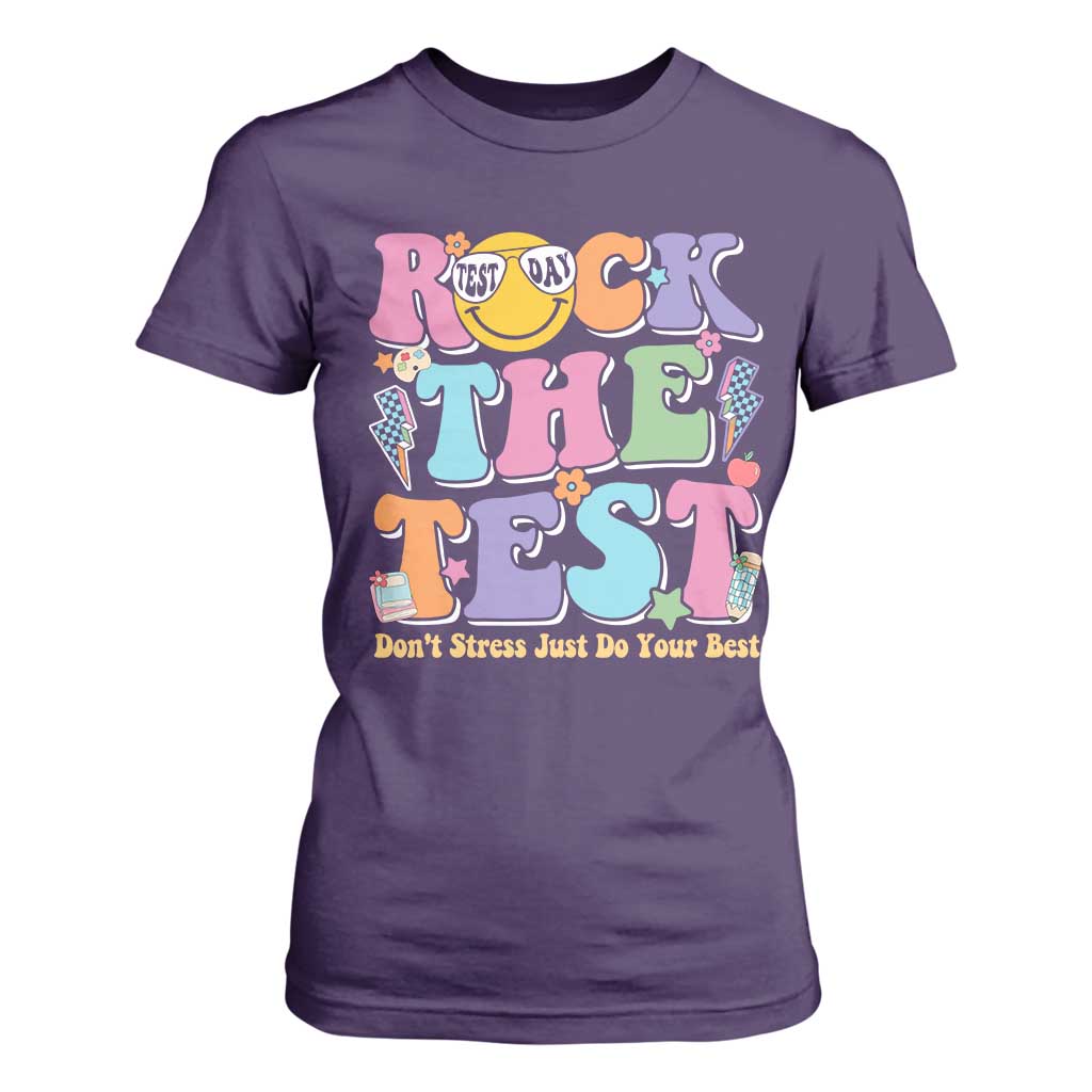 Teacher Test Day T Shirt For Women Rock The Test Dont Stress Just Do Your Best Cute Groovy TS10 Purple Print Your Wear
