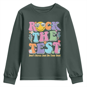 Teacher Test Day Youth Sweatshirt Rock The Test Dont Stress Just Do Your Best Cute Groovy TS10 Dark Forest Green Print Your Wear