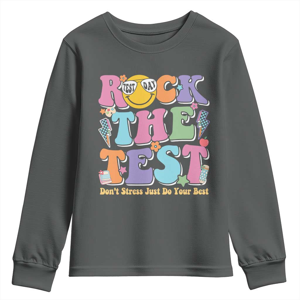 Teacher Test Day Youth Sweatshirt Rock The Test Dont Stress Just Do Your Best Cute Groovy TS10 Dark Heather Print Your Wear