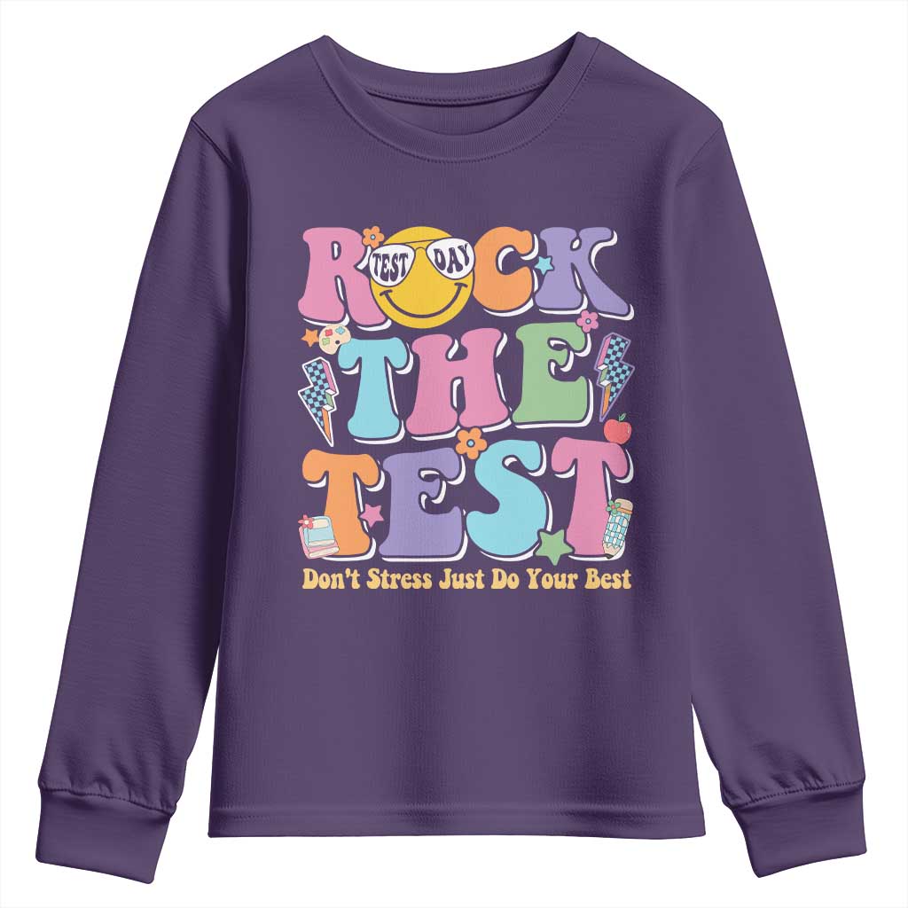 Teacher Test Day Youth Sweatshirt Rock The Test Dont Stress Just Do Your Best Cute Groovy TS10 Purple Print Your Wear