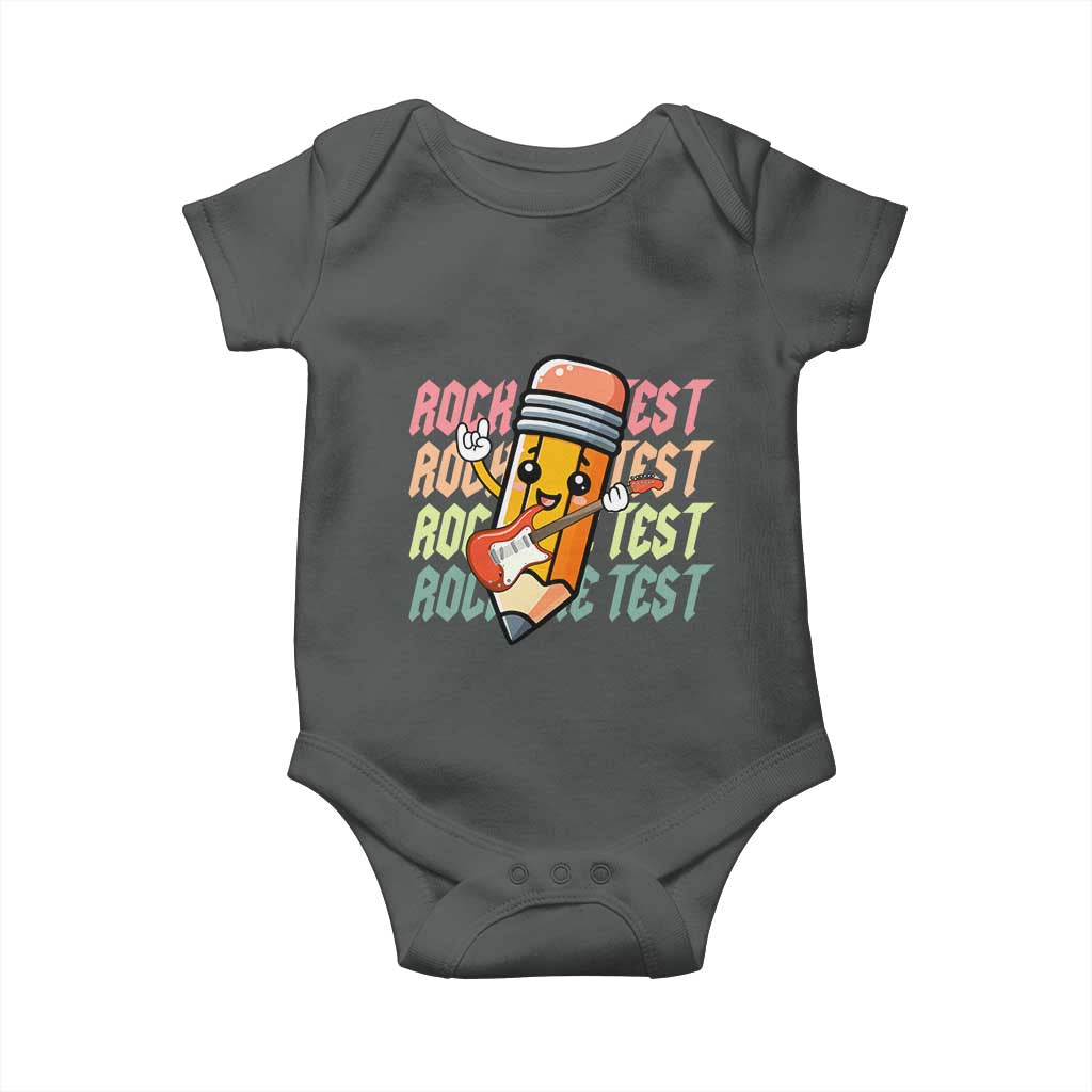Teacher Rock The Test Day Baby Onesie Testing Motivational TS10 Dark Heather Print Your Wear