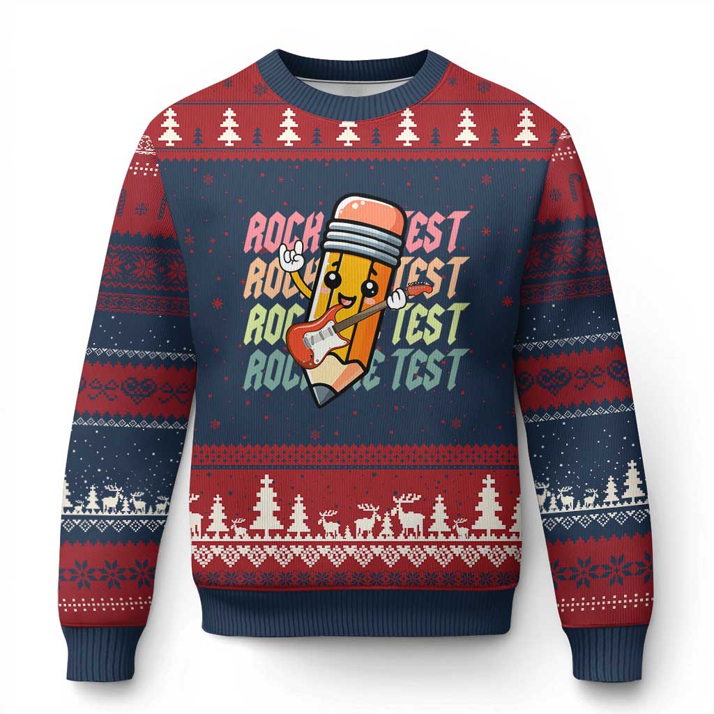 Teacher Rock The Test Day Ugly Christmas Sweater Testing Motivational TS10 Navy Red Print Your Wear