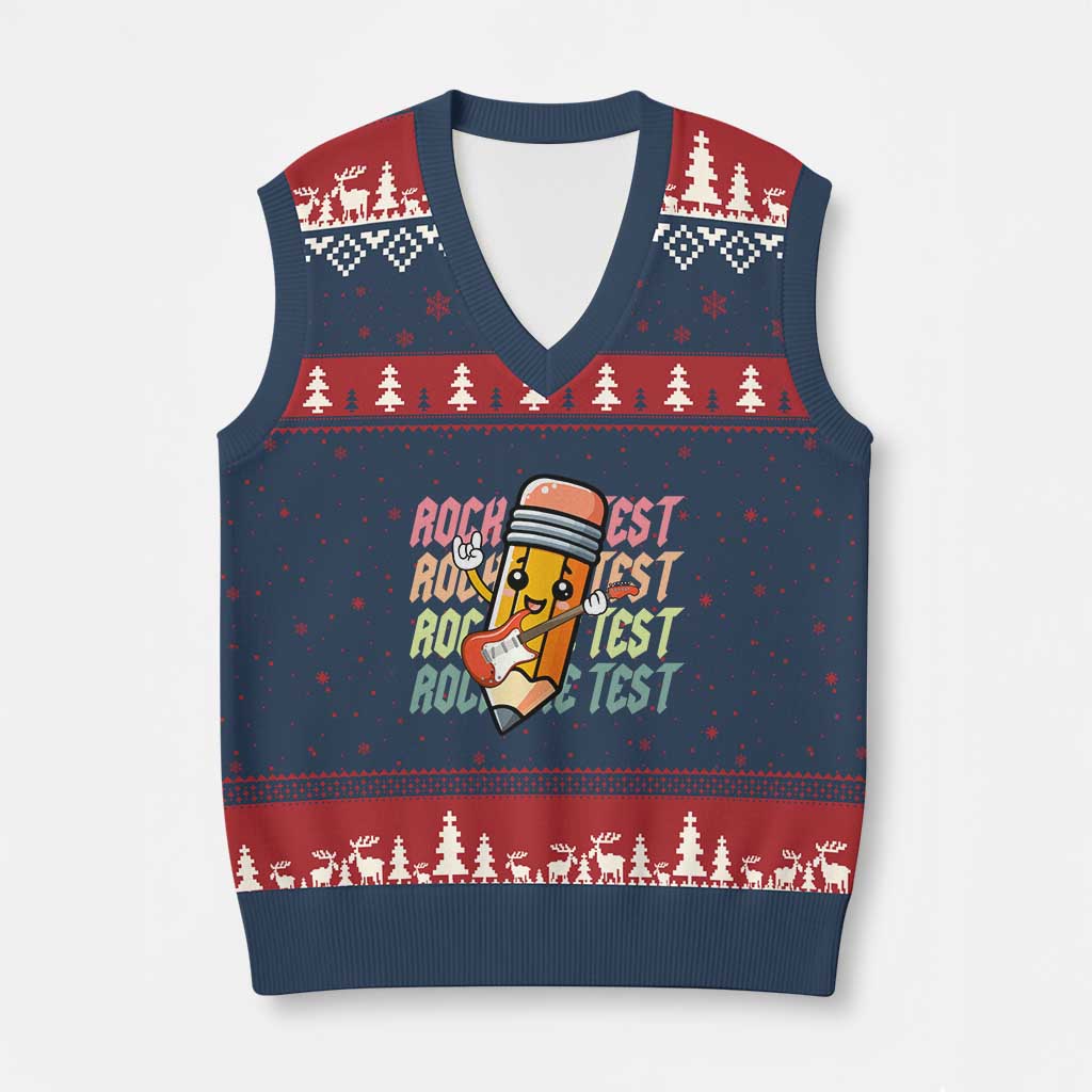 Teacher Rock The Test Day V-Neck Knit Sweater Vest Testing Motivational TS10 Navy Red Print Your Wear