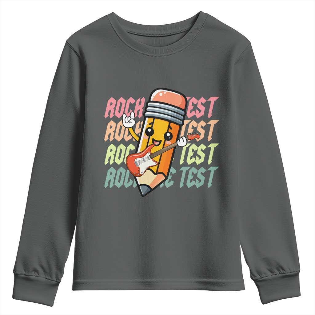 Teacher Rock The Test Day Youth Sweatshirt Testing Motivational TS10 Dark Heather Print Your Wear