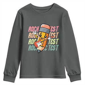 Teacher Rock The Test Day Youth Sweatshirt Testing Motivational TS10 Dark Heather Print Your Wear