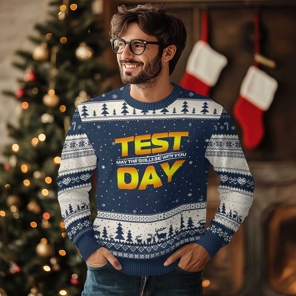 Funny Test Day Ugly Christmas Sweater May The Skills Be With You Motivational Teacher TS10 Navy Beige Print Your Wear