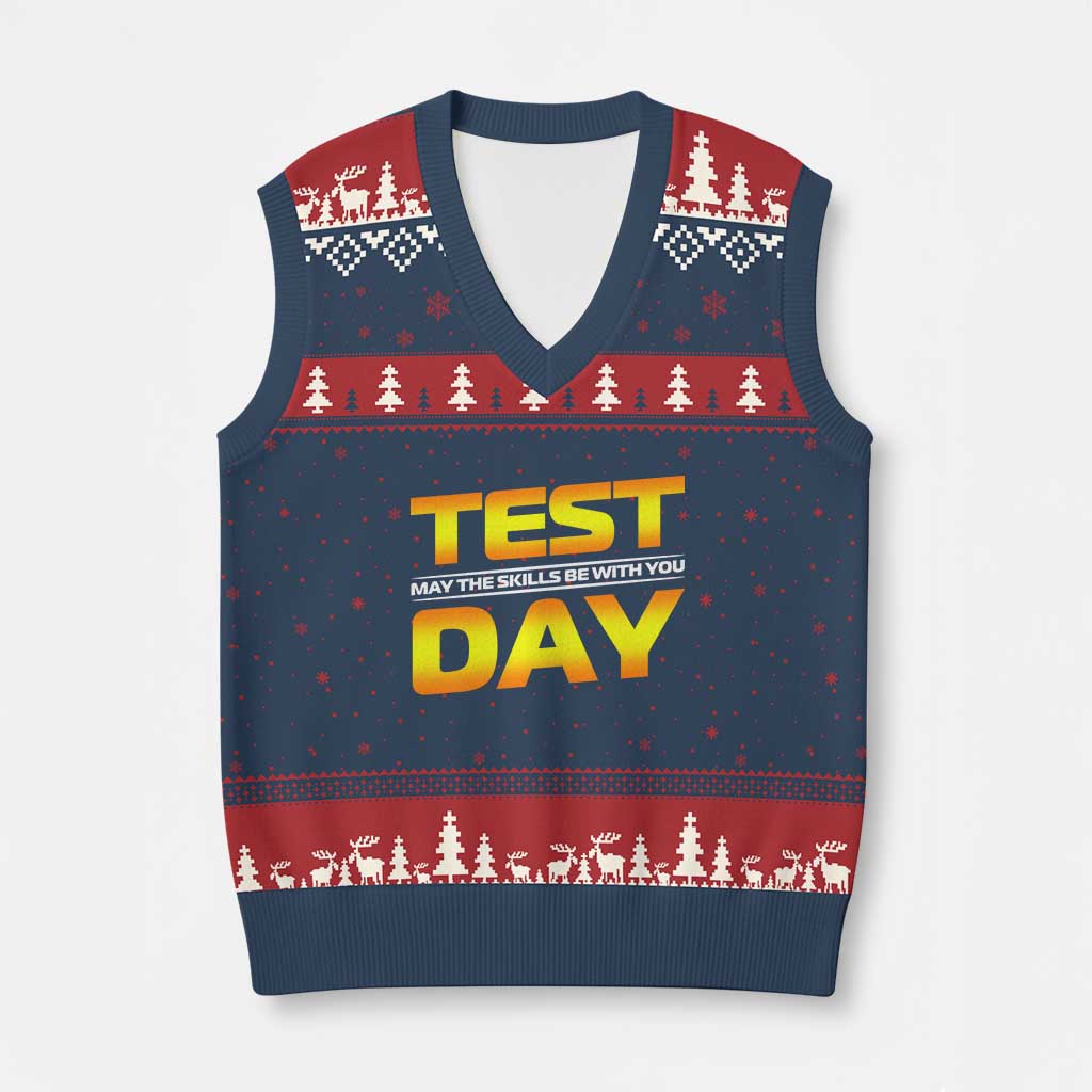 Funny Test Day V-Neck Knit Sweater Vest May The Skills Be With You Motivational Teacher TS10 Navy Red Print Your Wear