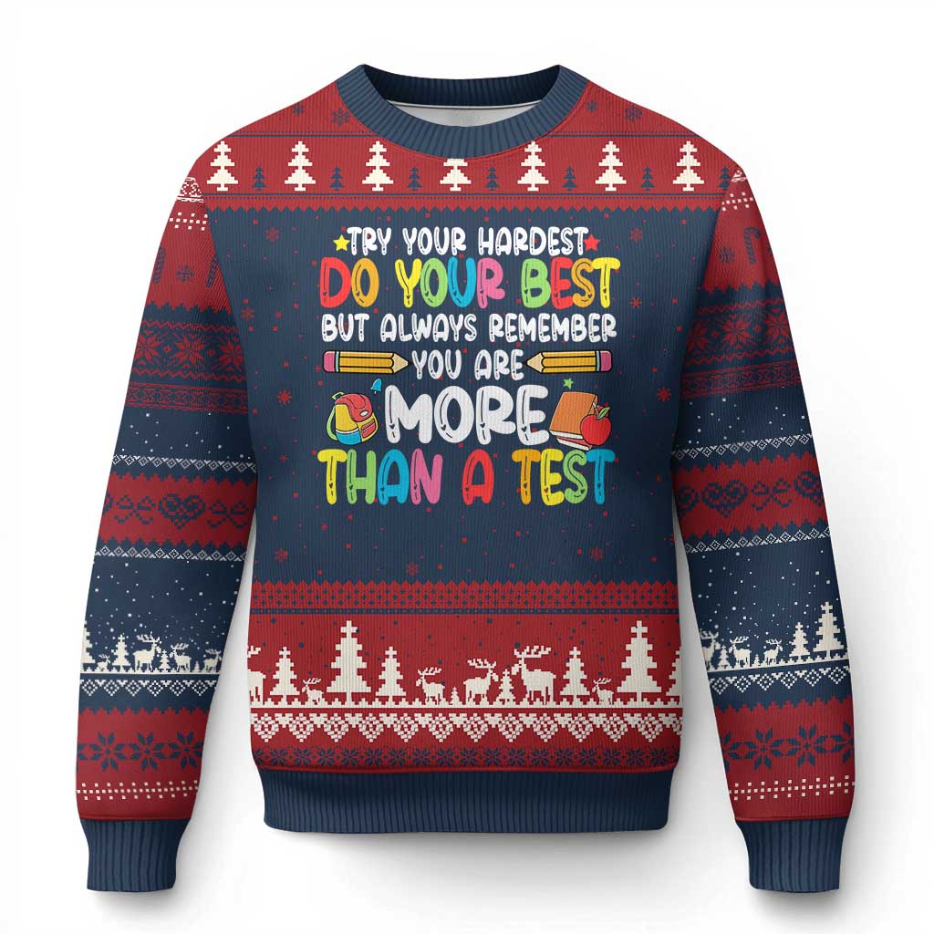 Testing Day Ugly Christmas Sweater Try Your Hardest Teachers TS10 Navy Red Print Your Wear