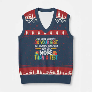 Testing Day V-Neck Knit Sweater Vest Try Your Hardest Teachers TS10 Navy Red Print Your Wear