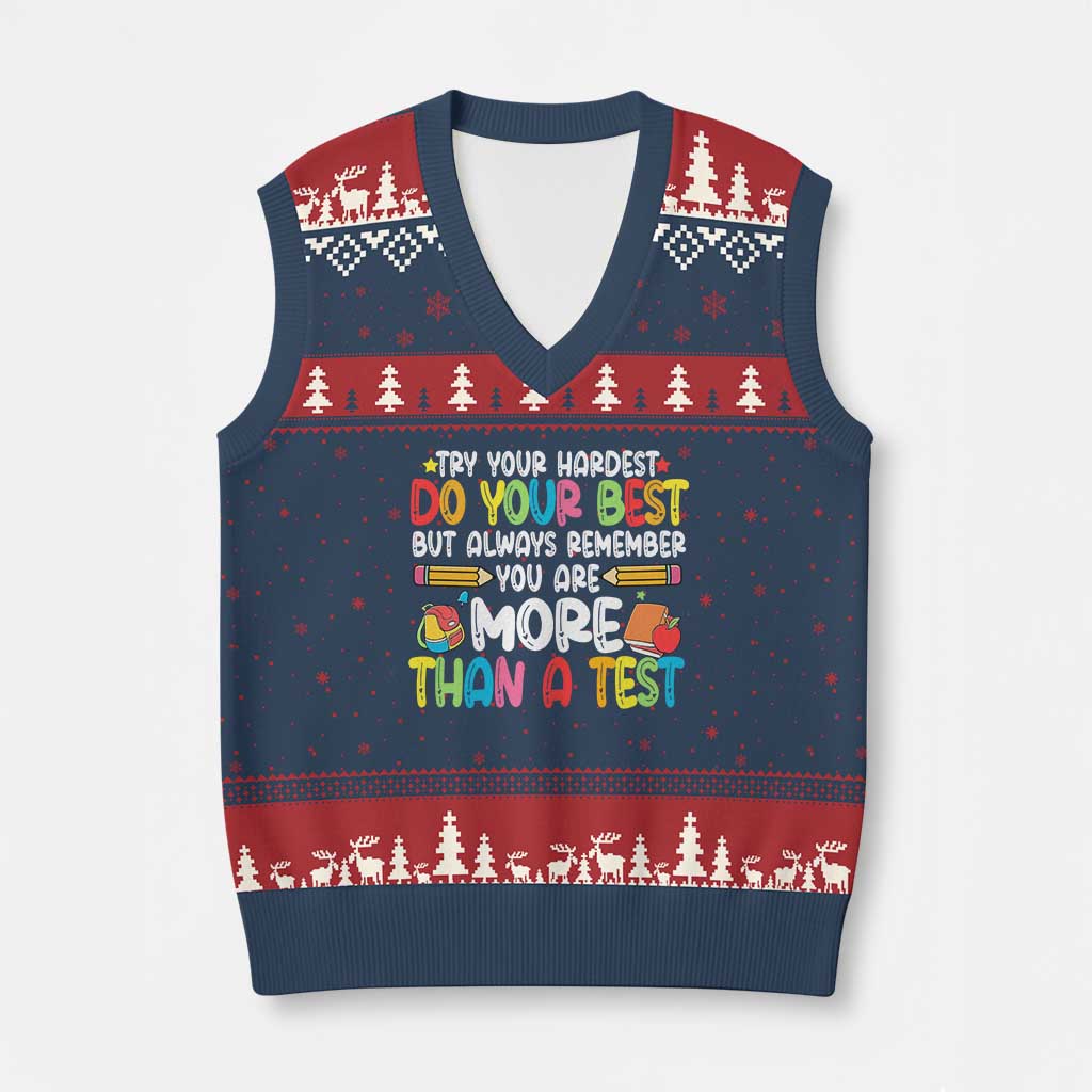 Testing Day V-Neck Knit Sweater Vest Try Your Hardest Teachers TS10 Navy Red Print Your Wear