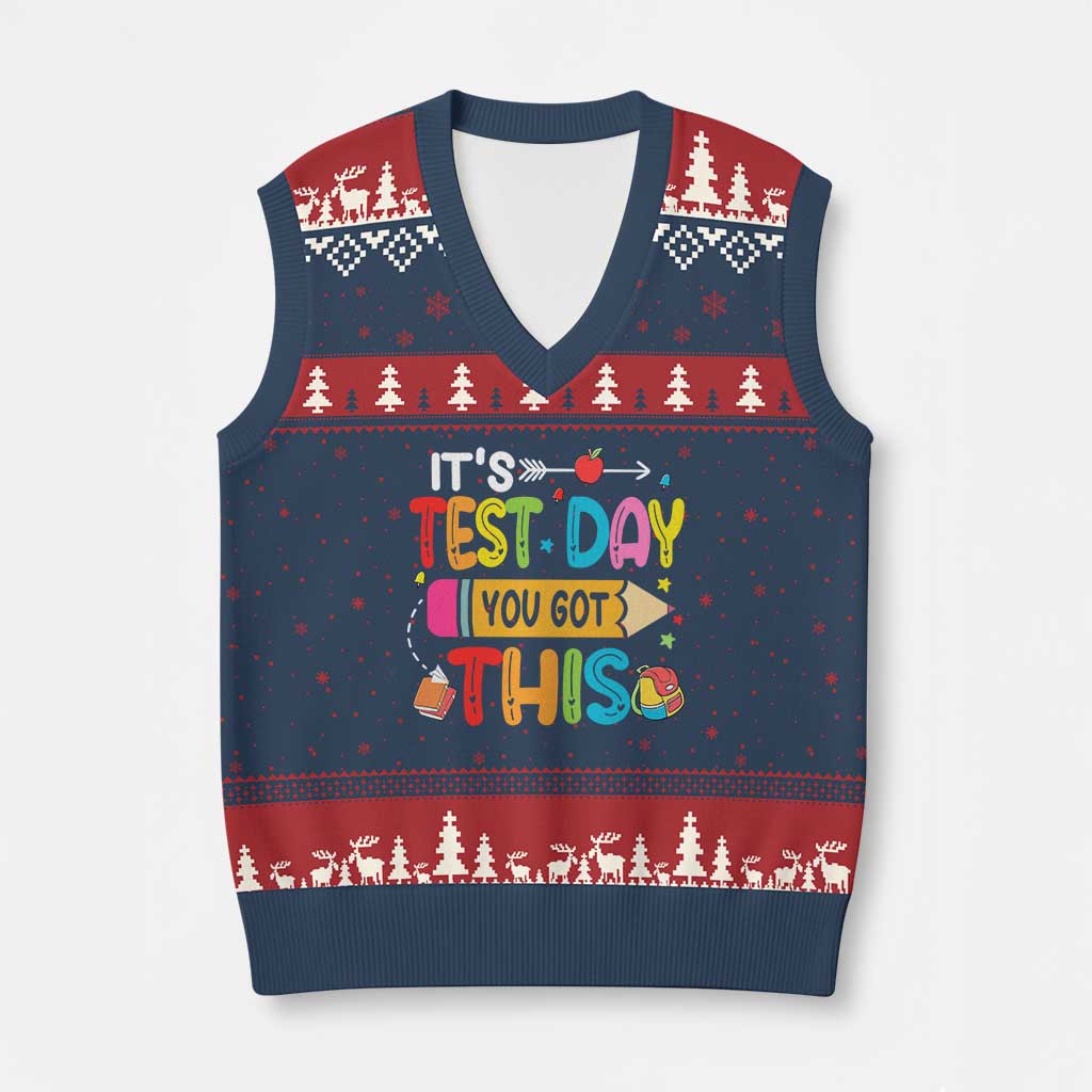 Test Day You Got This V-Neck Knit Sweater Vest TS10 Navy Red Print Your Wear