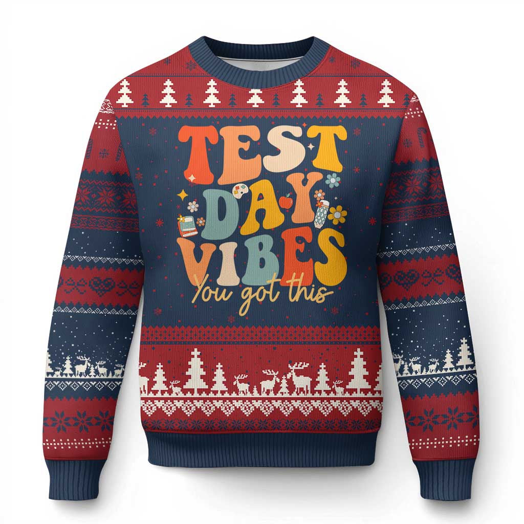 Test Day Vibes Ugly Christmas Sweater Teacher Groovy Testing Day Exam TS10 Navy Red Print Your Wear