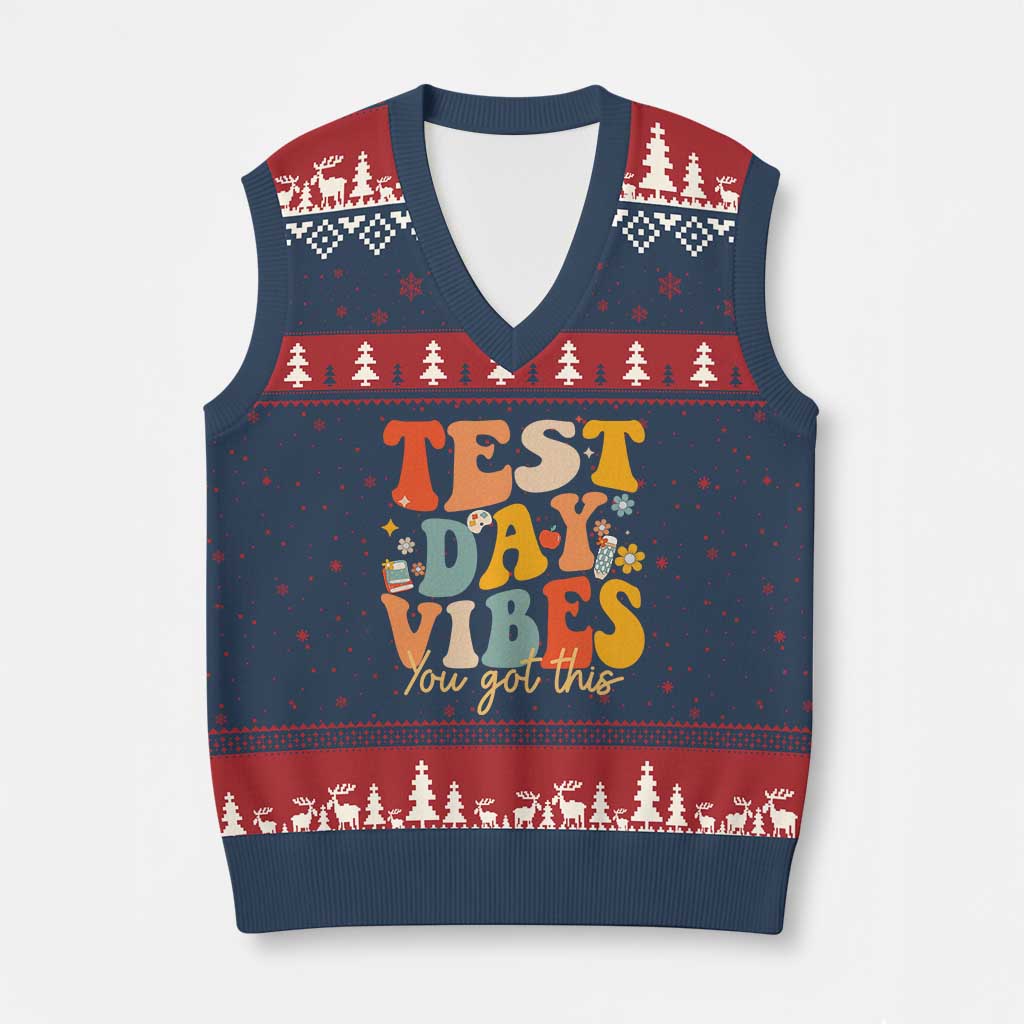 Test Day Vibes V-Neck Knit Sweater Vest Teacher Groovy Testing Day Exam TS10 Navy Red Print Your Wear