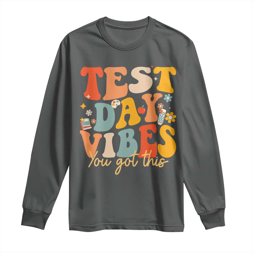 Test Day Vibes Long Sleeve Shirt Teacher Groovy Testing Day Exam TS10 Dark Heather Print Your Wear