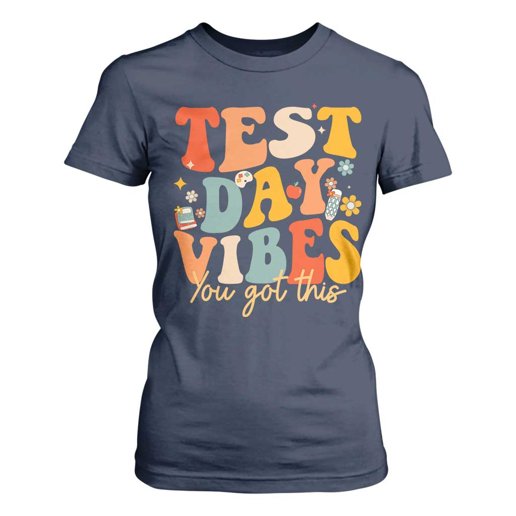 Test Day Vibes T Shirt For Women Teacher Groovy Testing Day Exam TS10 Navy Print Your Wear