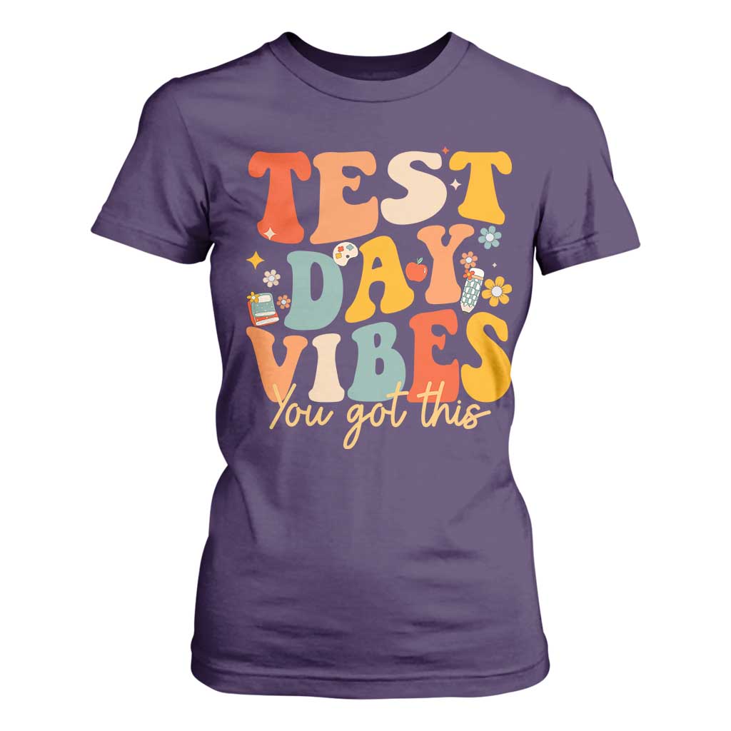 Test Day Vibes T Shirt For Women Teacher Groovy Testing Day Exam TS10 Purple Print Your Wear