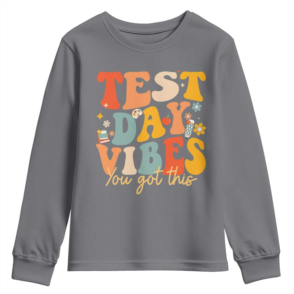 Test Day Vibes Youth Sweatshirt Teacher Groovy Testing Day Exam TS10 Charcoal Print Your Wear