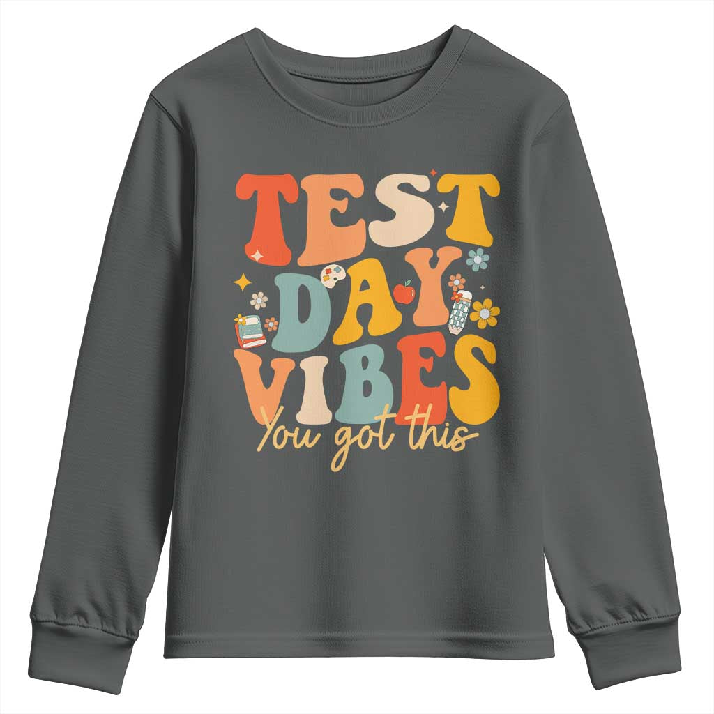 Test Day Vibes Youth Sweatshirt Teacher Groovy Testing Day Exam TS10 Dark Heather Print Your Wear