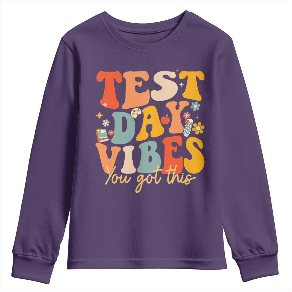 Test Day Vibes Youth Sweatshirt Teacher Groovy Testing Day Exam TS10 Purple Print Your Wear