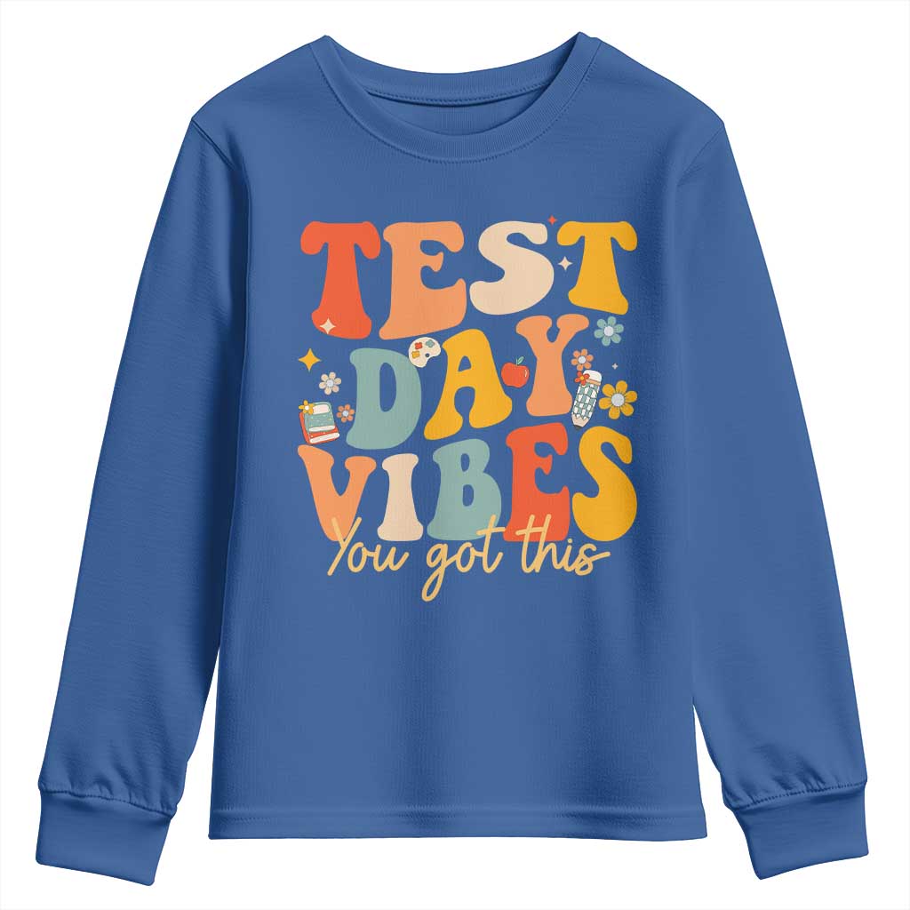 Test Day Vibes Youth Sweatshirt Teacher Groovy Testing Day Exam TS10 Royal Blue Print Your Wear