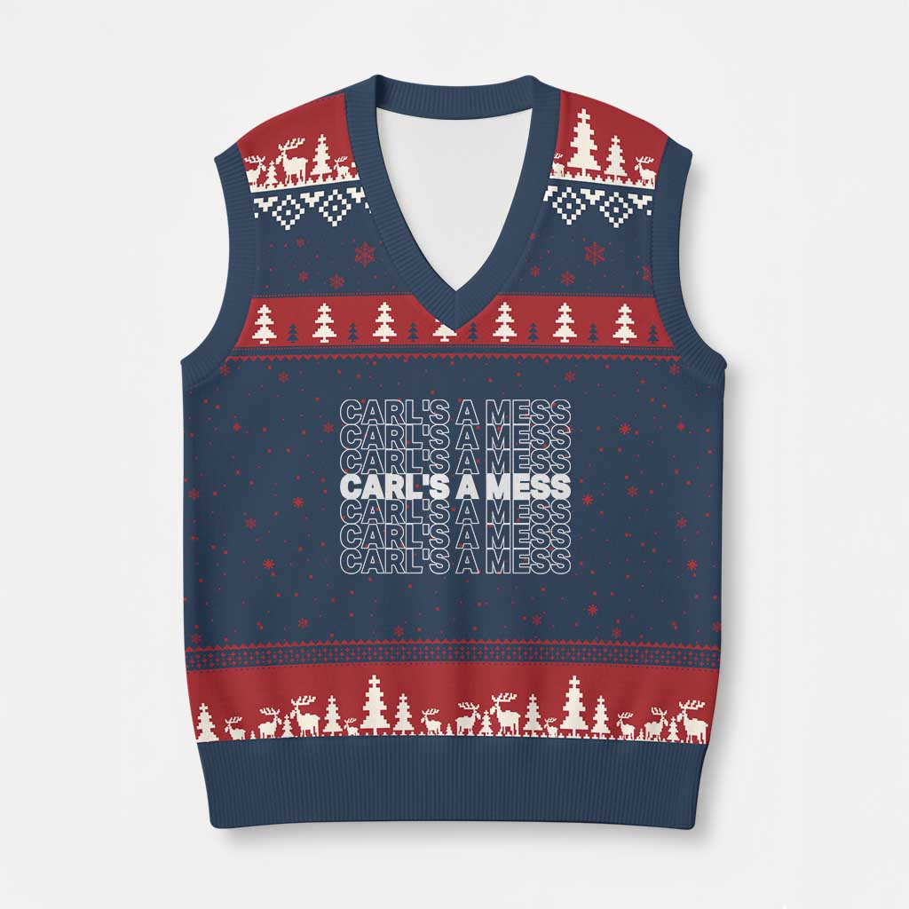 Carl's A Mess V-Neck Knit Sweater Vest Reality TV Funny Meme TS10 Navy Red Print Your Wear