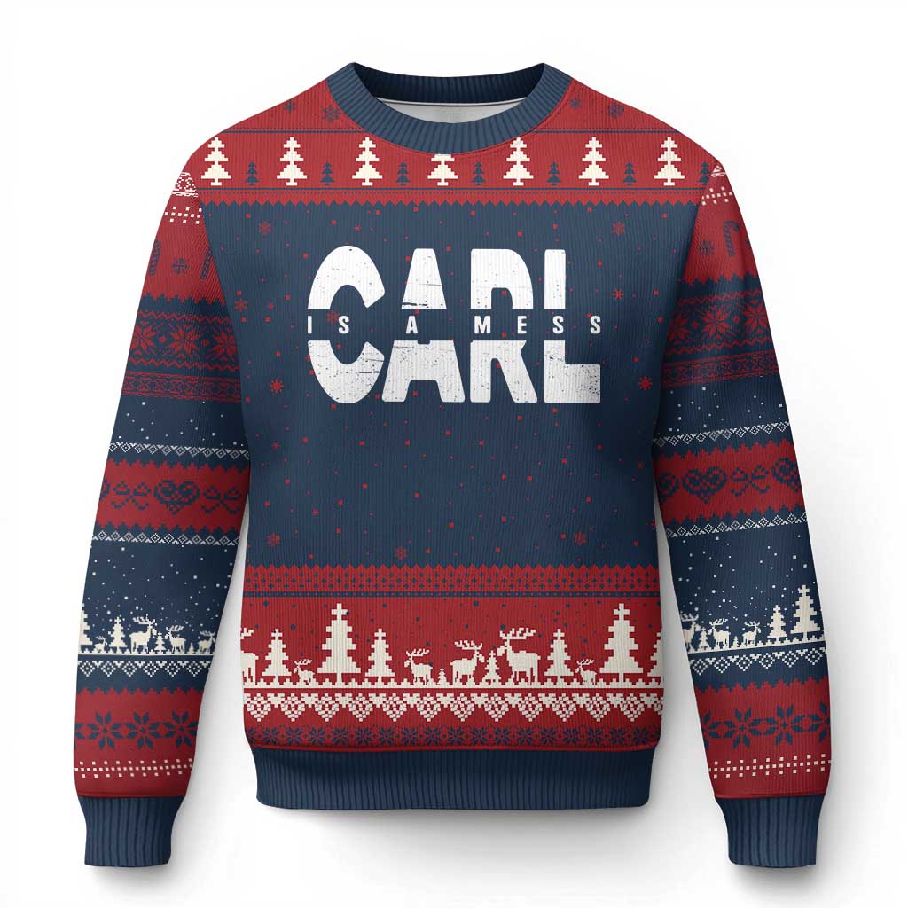 Carl's A Mess Ugly Christmas Sweater Reality TV Viral Meme TS10 Navy Red Print Your Wear