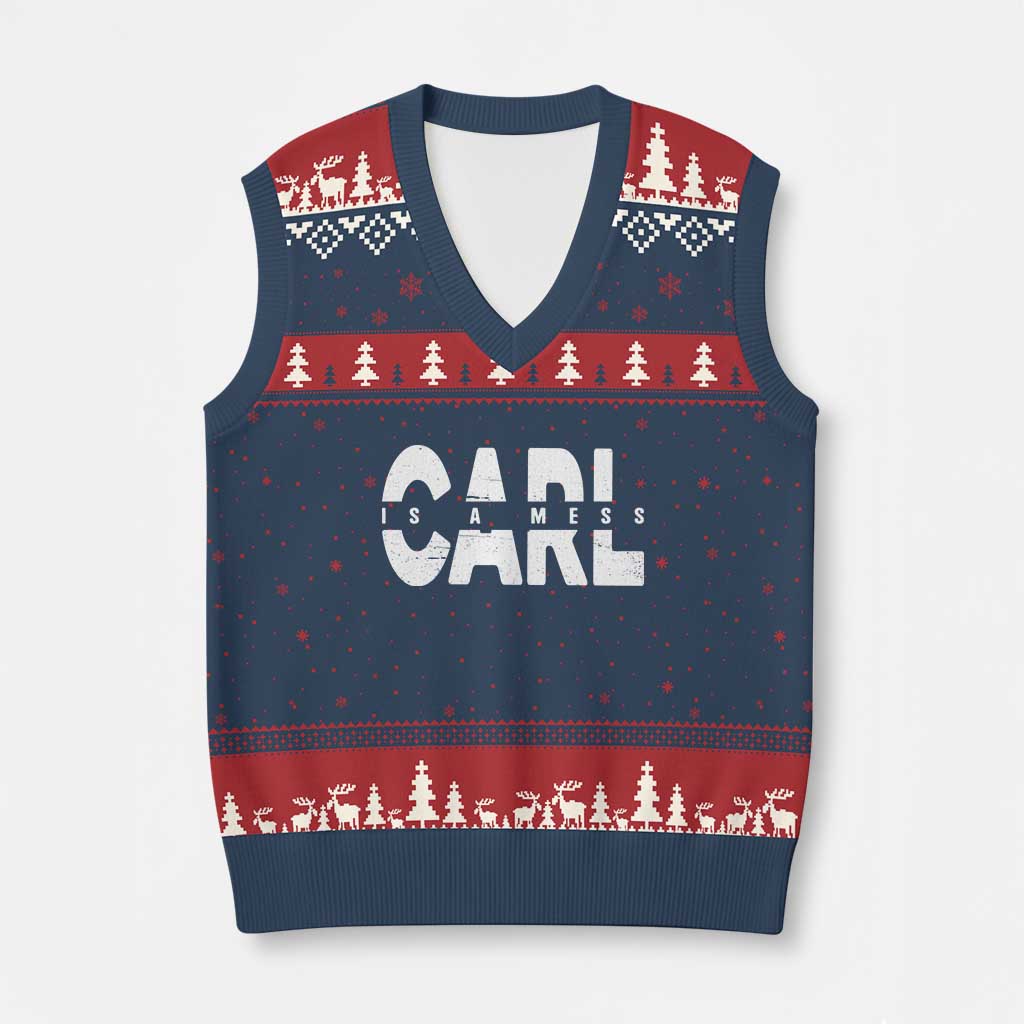 Carl's A Mess V-Neck Knit Sweater Vest Reality TV Viral Meme TS10 Navy Red Print Your Wear
