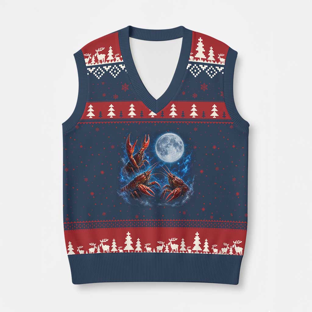 Three Crawfish Moon V-Neck Knit Sweater Vest Lobster Howling To The Moon Vintage Moon Animals TS10 Navy Red Print Your Wear